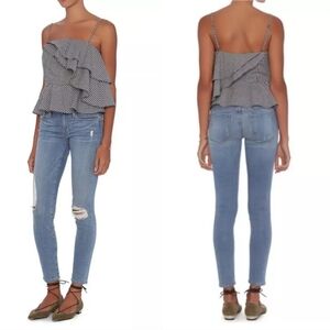 Intermix Asymmetrical Ruffled Cotton Gingham Top Small Black White